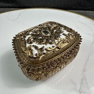 Vtg 1960s Jewelry Trinket Box Gold Victorian Metal Ornate Made in Japan Floral